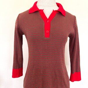 70's Sweater - Striped Pullover - Polo - Red & Brown - Size Large
